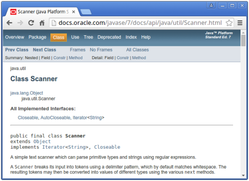 Screenshot of the documentation for Scanner.