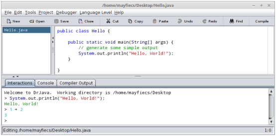 Screenshot of DrJava editing the hello world program.