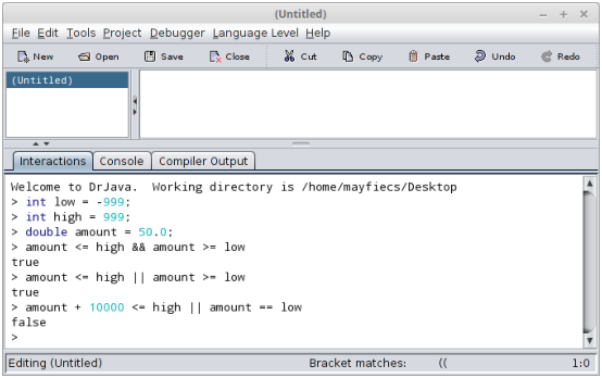 Screenshot of the Interactions Pane in DrJava.