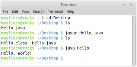Compiling and running Hello.java from the command line.