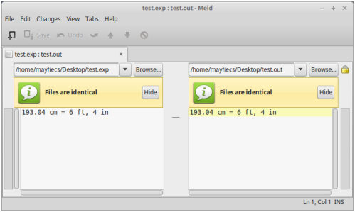 Using meld to compare expected output with the actual output.