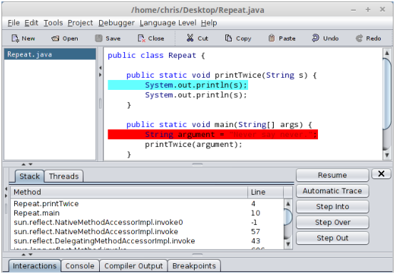 Screenshot of the DrJava debugger. Execution is currently paused on the first line of printTwice. There is a breakpoint on the first line of main.