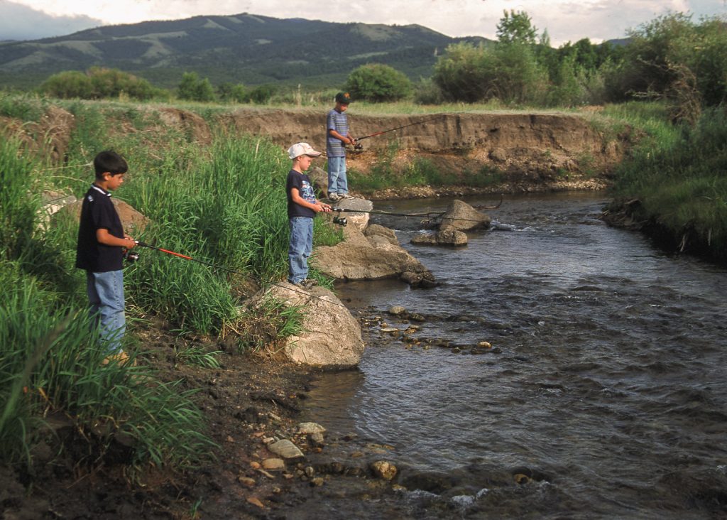 Three boys fish from the edge of a stream.