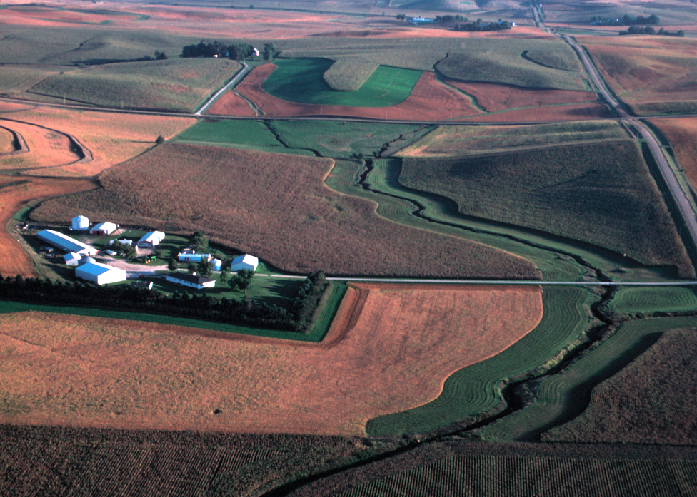 A photo taken from an airplane overlooking a stream lined with grassed filter strips surrounded by row crop fields and farmsteads.