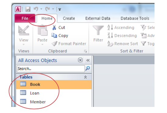 The Home tab in MS Access shows you the table names.