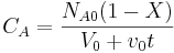 C_A = \frac{N_{A0}(1-X)}{V_0+v_0t}