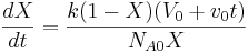 frac {dX} {dt} =\ frac {k (1-X) (v_0+v_0t)} {N_ {A0} X}