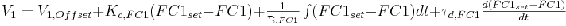V_1 =\textstyle V_{1,Offset}+K_{c,FC1}(FC1_{set}-FC1)+ \frac{1}{\tau_{i,FC1}} \int (FC1_{set}-FC1)dt + \tau_{d,FC1}\frac{d(FC1_{set}-FC1)}{dt}