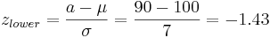 _{lower} = \frac {a-\mu}{\sigma}= \frac {90-100}{7} = -1.43