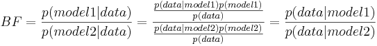 F=\ frac {p (modelo 1|datos)} {p (modelo 2|datos)} =\ frac {\ frac {p (datos|modelo 1) p (modelo 1)} {p (datos)}} {\ frac {p (datos|modelo 2) p (modelo 2)} {p (datos)}} =\ frac {p (datos|modelo 1)} {p (datos|modelo 2)}