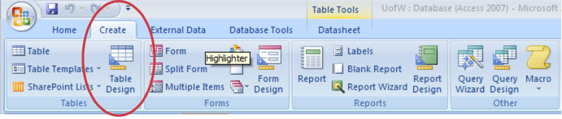 Create a table using Table Design.