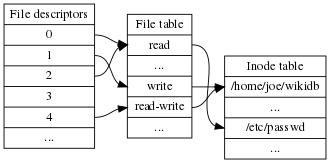 As files are opened for reading and writing they are assigned numerical file descriptors by the operating system. These file descriptors then point to a file table keeping track of the mode of the file - write, read, or read and write. Then the file table points to the inode table which then points to the specific [physical file.