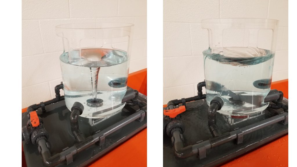 An example of a Free vortex on the left and an example of a forced vortex on the right produced in the lab. The free vortex has a skinny condensed funnel that forms in the center of the beaker. The forced vortex has a wider width at the top of funnel.