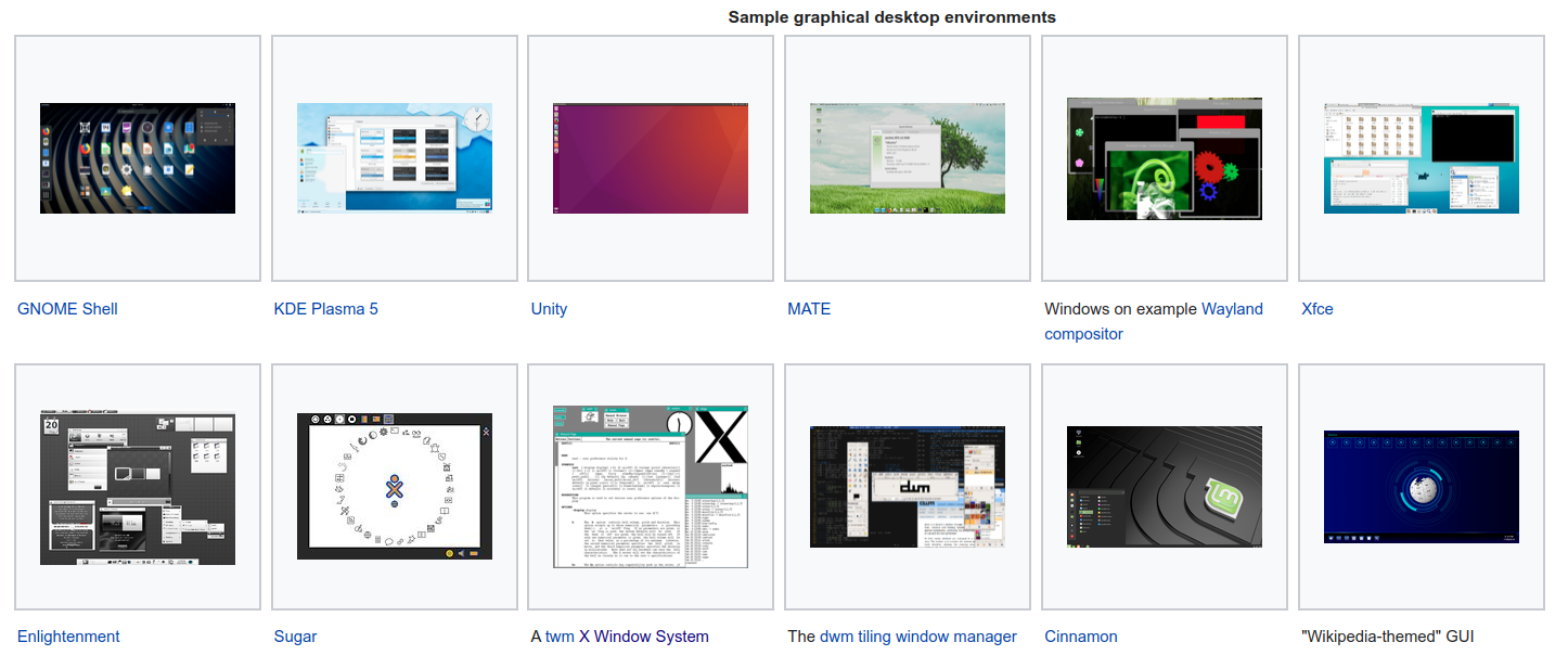 A variety of thumbnail images showing some of the numerous Linux graphical user interface implementations
