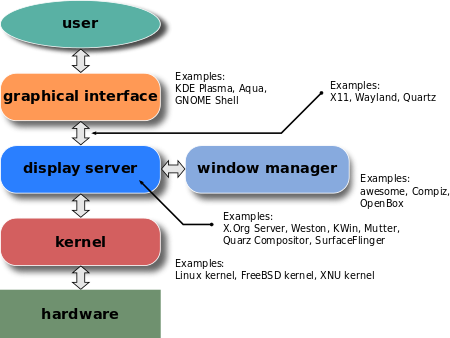 System layers showing how the kenrel sits above the hardware, the display server is above the kernel, the graphical interfaces are above the display server and the user interacts with the graphical interface.
