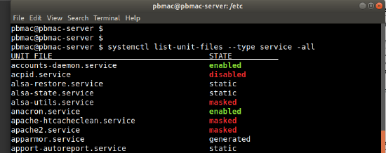 Screenshot showing some of the services running on a Linux system. Services can be listed by using the systemctl command. There are numerous options that provide a variety of output formats
