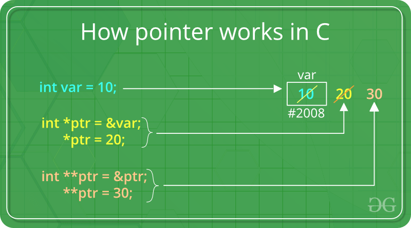 Image that shows how pointers work and hold addresses and variables hold values