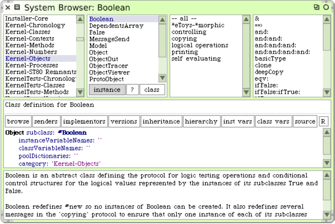 The system browser showing the definition of class Boolean.