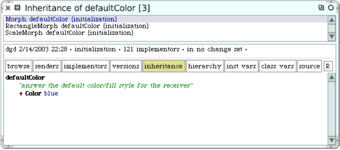 ScaleMorph»defaultColor and the methods that it overrides, in inheritance order.