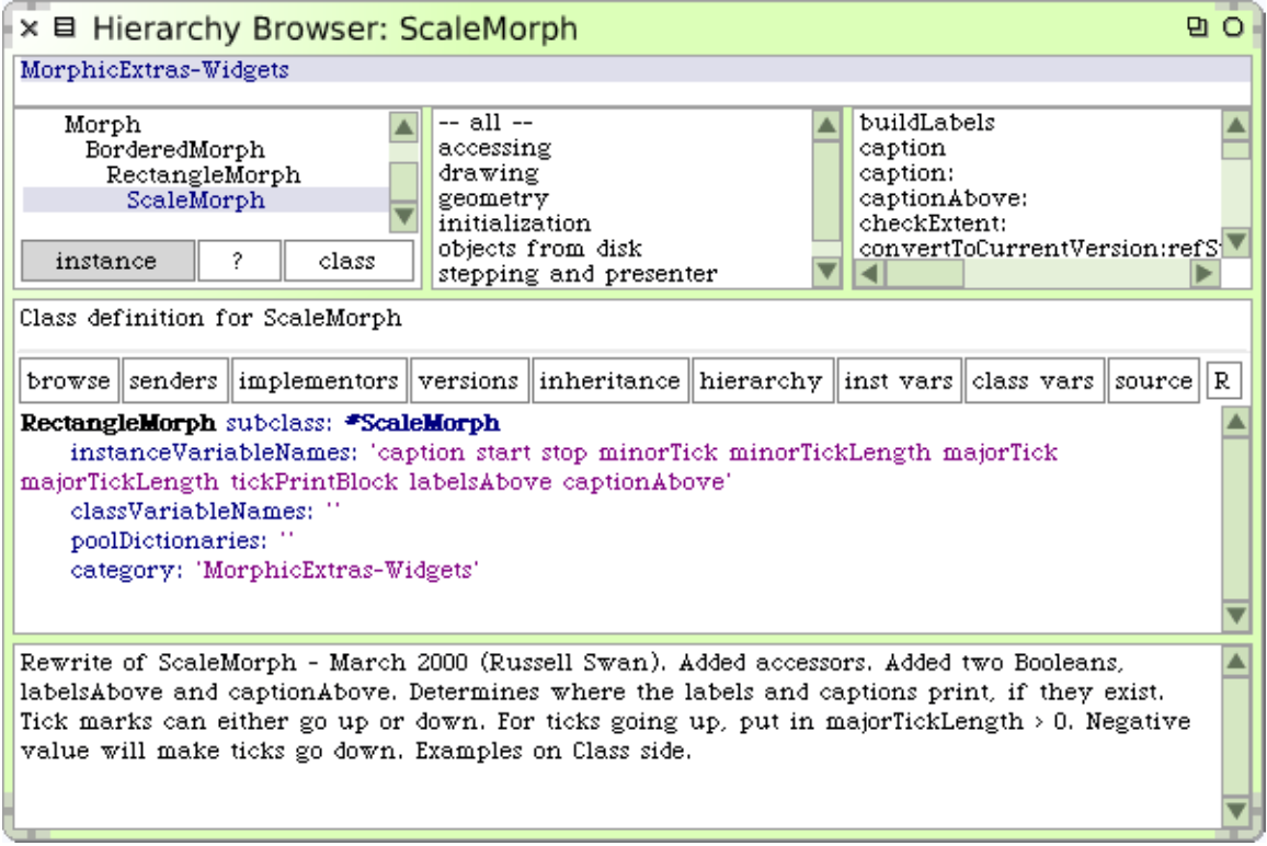 A hierarchy browser open on ScaleMorph.