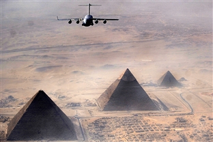 The Giza pyramids from a Department of Defense photo. Note this is a combination picture showing an airplane (engineering history lesson 1) with pyramids (engineering history lesson 2 - this lesson).
