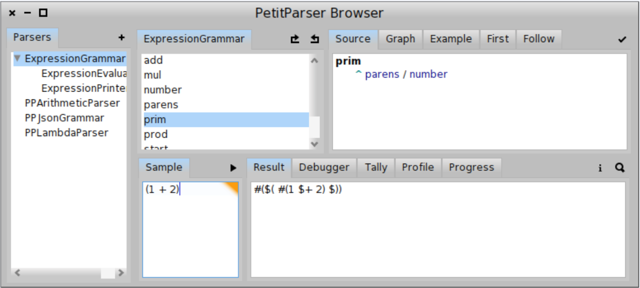 The PetitParser Browser window.