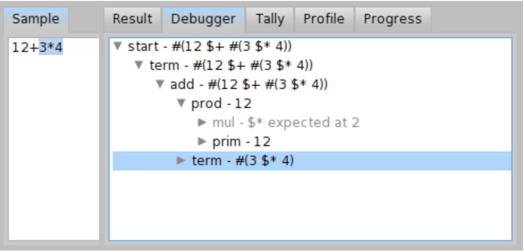 Debugger output of ExpressionGrammar for input 12 + 3 * 4.