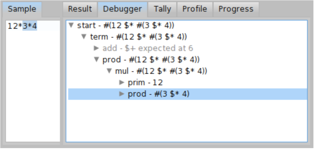 Debugger output of ExpressionGrammar for input 12 * 3 * 4.