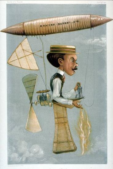 Caricature of Alberto Santos-Dumont in his dirigible No. 6 which he used to rounded the Eiffel tower on October 19, 1901 for a 30 minute controlled flight.