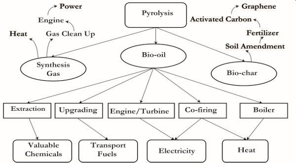 A flowchart showing the various outputs and applications of biomass pyrolysis, such as bio-oil extracted for chemicals, synthesis gas used to create heat, and biochar used to create fertilizer.
