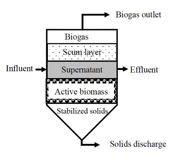 A suspended growth batch anaerobic digester. The top layer is biogas with a biogas outlet, the second layer is scum, the third layer is supernatant with an influent and effluent port, the fourth layer is active biomass, and the bottom layer stabilized solids with a discharge port.