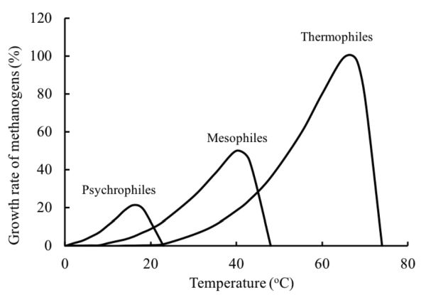Under psychrophilic conditions, methanogens reach a peak growth of 20 percent at 20 degrees Celsius. Under mesophilic conditions, methanogens reach a peak growth of 50 percent at 45 degrees Celsius. Under thermophilic conditions, methanogens reach a peak growth of 110 percent at 75 degrees Celsius.