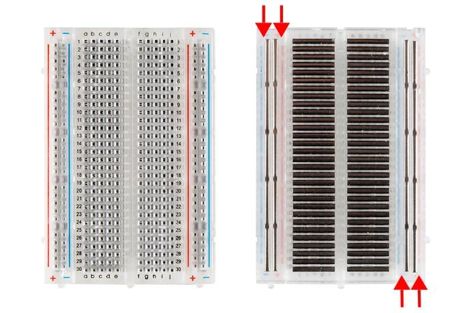 The front and back view of a breadboard. The back view shows two rows of horizontal terminal strips with two vertical power rails on either side of the breadboard.