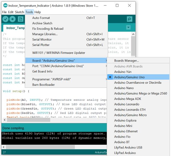 Captura de pantalla que muestra a los usuarios del Entorno de Desarrollo Integrado de Arduino cómo seleccionar la placa y el puerto de comunicación adecuados