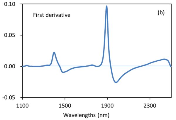 Un gráfico lineal que muestra los espectros derivados del infrarrojo cercano de suspensiones bacterianas en el espectro de la primera derivada.