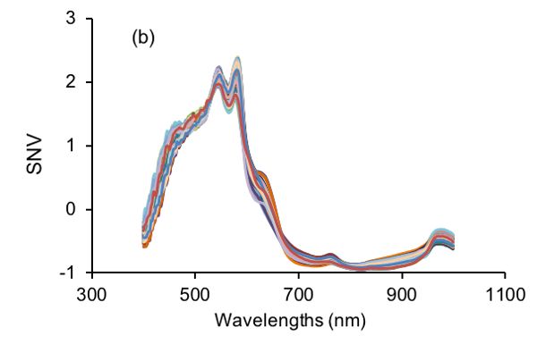 Un gráfico lineal de las variaciones en los espectros estándar de variados normales procesados y visibles del infrarrojo cercano de muestras de carne adulterada con carne de pollo.