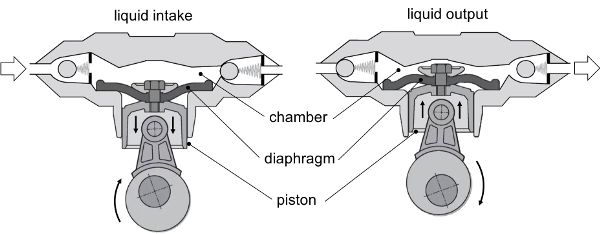 A diagram showing the intake and output strokes of a diaphragm pump.