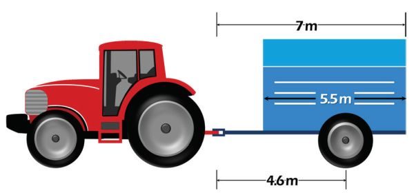 A two-wheeled grain cart pulled by a tractor. The grain cart itself is 5.5 meters. The back of the cart to the hitch point is 7 meters. The wheel axle to the hitch point is 4.6 meters.