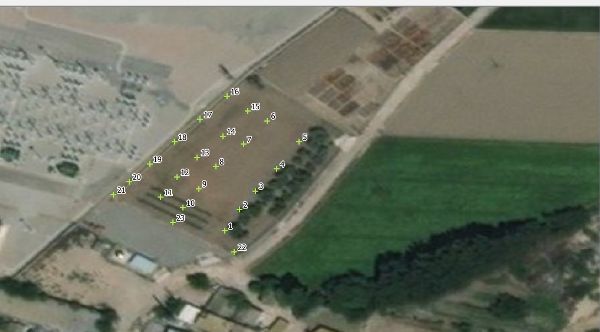 A satellite image of the surveyed plot. The surveyed plot is a brown field to the left of a green field, below another brown field, and above a patch of land with buildings.