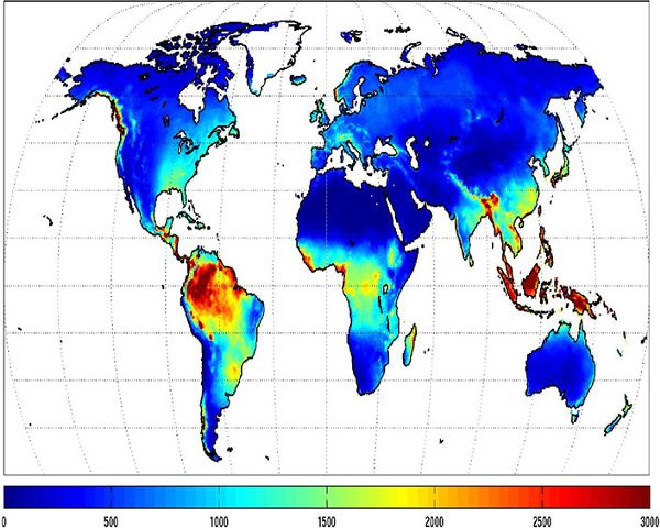 The mean annual precipitation across regions. For example, the top of South America has a mean annual precipitation of 2,500 to 3,000 millimeters, while the top of Africa has a mean annual precipitation of 0 to 500 millimeters.