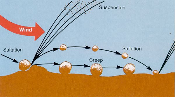 Diagrama de suspensión, salación y fluencia superficial en el proceso de erosión eólica.