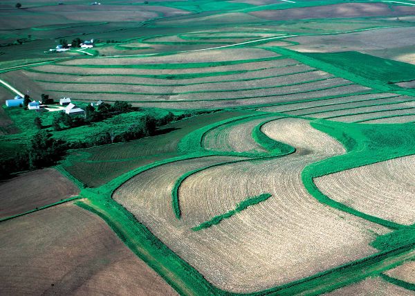 Una vista aérea de un campo usando bandas de amortiguación de contorno, bordes de campo, vías fluviales con césped y pasto en terrazas.