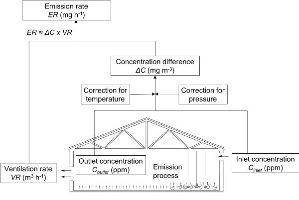 Un diagrama de flujo que muestra cómo se mide la emisión directa de una casa de animales.