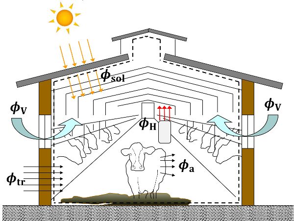 A diagram of the sensible heat balance of equation 3 applied to a generic livestock house.