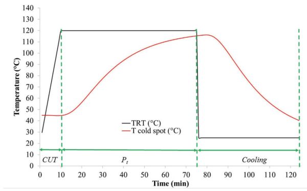 Un gráfico de líneas del perfil de temperatura de los datos de procesamiento térmico en la tabla 2.
