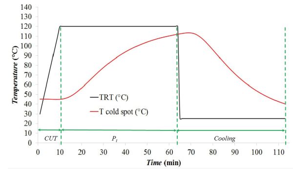 A line graph of the temperature profile of thermal processing data for a can of mussels.