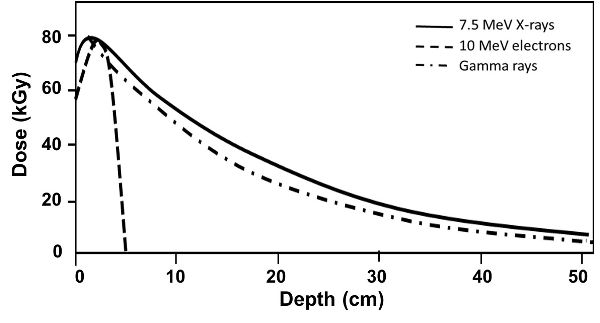 A line graph of the dose-depth penetration for X-rays, electron beams, and gamma rays.