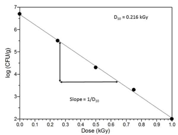 A line graph of the slope mentioned previously. It has a radiation dose value of 0.216 kilograys.