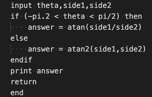 Pseudocode of a simple routine to decide whether to use atan or atan2. Note there is input and output and a conditional.