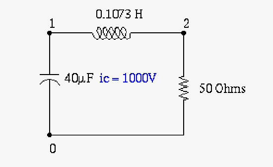 This is a circuit design for the Spice simulator. It is a simple RLC circuit (that is taught to everyone who takes a serious circuits course). We will take note of the voltage at node 2. That will be the voltage inputted into our human who is represented by a resistor. The ic=1000V means that the capacitor will have an initial condition of a 1000V charge. This avoids the switches and the battery in the circuit to the left as that initial condition will simulate those.
